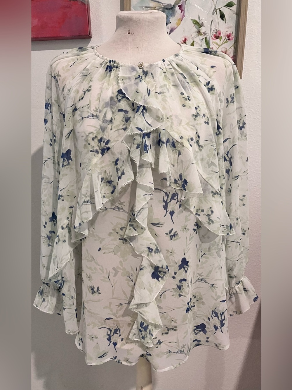 Chico's Floral Sheer Blouse in Cream, Mint & Navy
